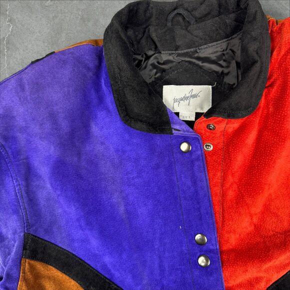 Vintage 80's Jacqueline Ferrar Patchwork Color Block Suede Leather Bomber Jacket - Picture 3 of 8